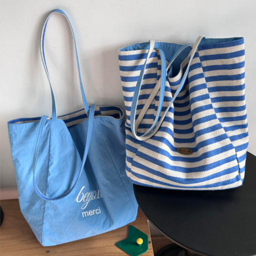 夏日元气条纹帆布包包女式2025新款双面单肩托特包韩系手提购物袋