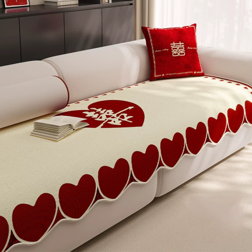 结婚新房沙发垫子多尼尔透气面料红色喜字飘窗装饰防滑防尘冰丝垫