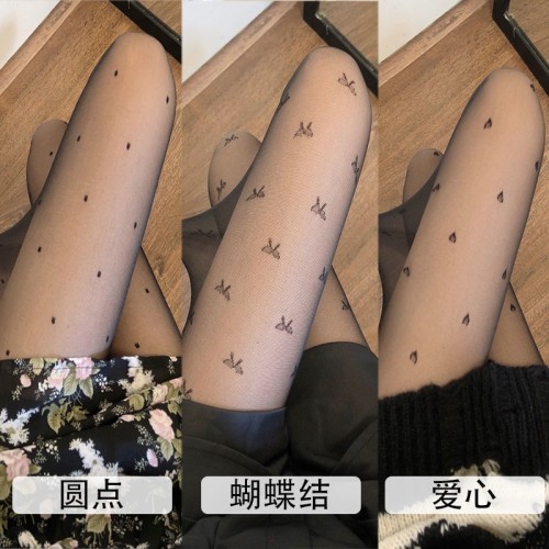 波点丝袜防勾丝日系洛丽塔提花蝴蝶结爱心连裤显瘦薄款性感黑丝jk