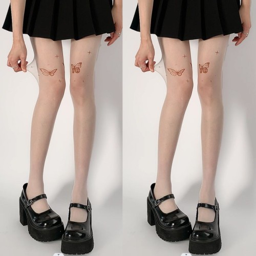 新款白色肤色丝袜纯欲防勾丝丝袜女春夏蝴蝶结纹身印花连袜打底袜