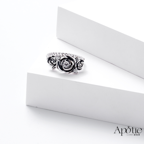 Apotie欧珀谛银戒复古玫瑰扭花设计感S925锆石银戒指时尚首饰批发