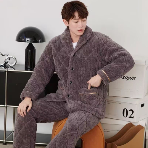 男士冬季居家服男士长毛夹棉睡衣出口批发外贸