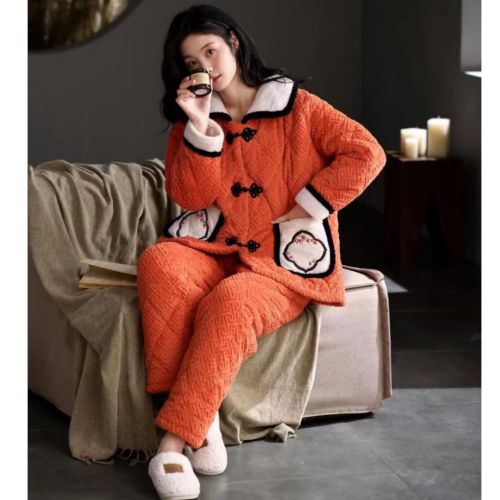 女士冬季居家服女士夹棉睡衣套装中国风睡衣出口批发外贸