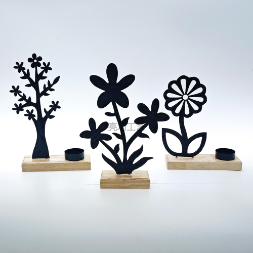 欧式轻奢黑色铁艺卡通花朵烛台木底简约时尚精美铁制防锈防潮摆件