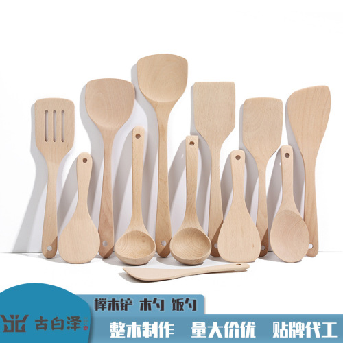 厨房家用榉木铲子批发 日式不粘锅煎锅铲实木质炒菜铲汤勺刻logo