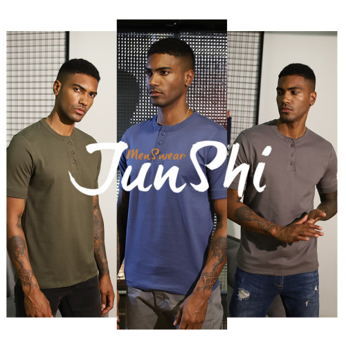 跨境亨利领短袖批发精梳棉美式复古水洗半袖男士t恤夏季男装衣服