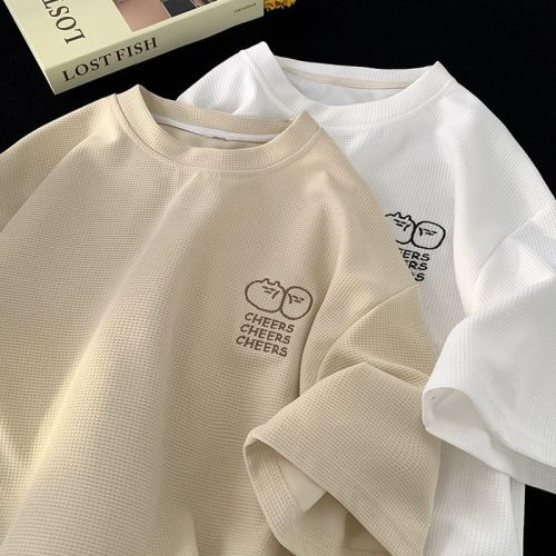 华夫格冰丝短袖t恤男夏季新款潮牌衣服印花宽松半袖美式重磅体恤