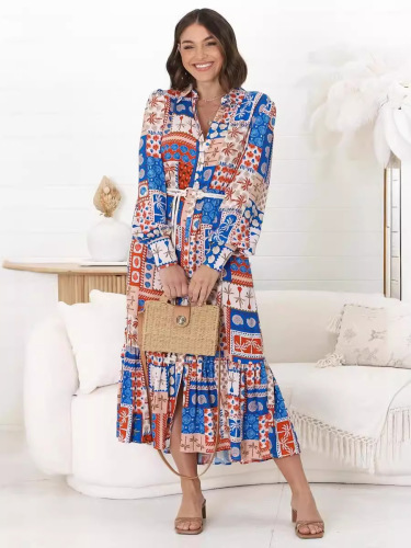 跨境欧美2024独立站亚马逊速卖通长袖休闲时尚印花衬衫腰带连衣裙