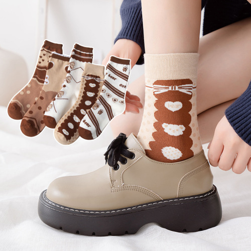 autumn and winter new japanese cartoon bear female middle tube socks cotton cute trendy socks women‘s fresh mid-calf socks wholesale