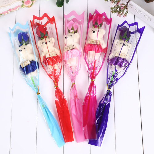 小熊玫瑰花束教师节生日礼物 七夕节广告礼品单枝小熊香皂花diy