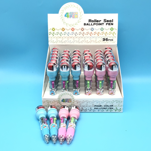 881韩版创意迷你滚轮印章短四色圆珠笔卡通可爱按动彩色圆珠笔