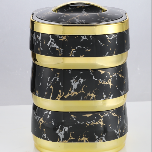 保温桶三层提手式大理石花纹金边素色