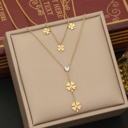 多层叠戴镀金光面蝴蝶幸运草 爱心吊坠 不锈钢项链 不掉色