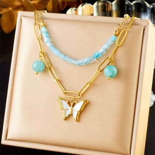 时尚新款蓝色圆球串珠配件 双层叠戴不锈钢白贝蝴蝶吊坠链条项链