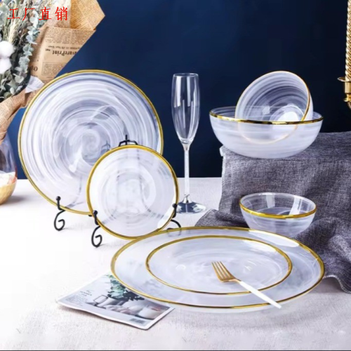 创意水墨艺术玻璃盘 中式意境西式餐盘 手作纹理沙拉盘  不可机洗