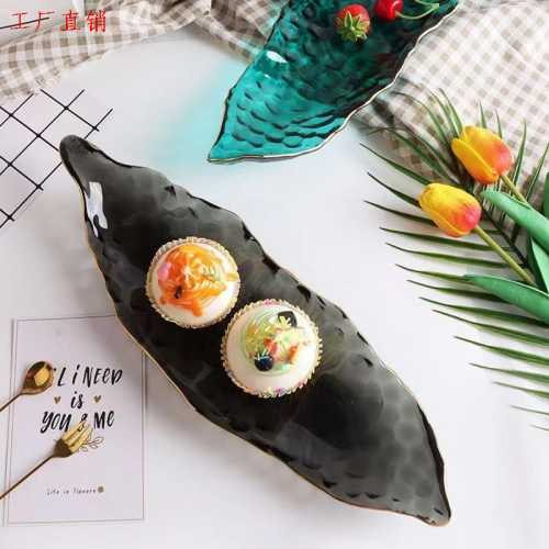 手工描金豌豆造型玻璃盘 多色可选沙拉碗 ins风下午茶点盘 高端