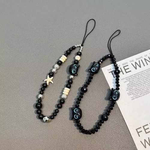 black three cats mobile phone beaded cool black japanese and korean ccd lanyard diy high-grade handmade beaded all-match niche