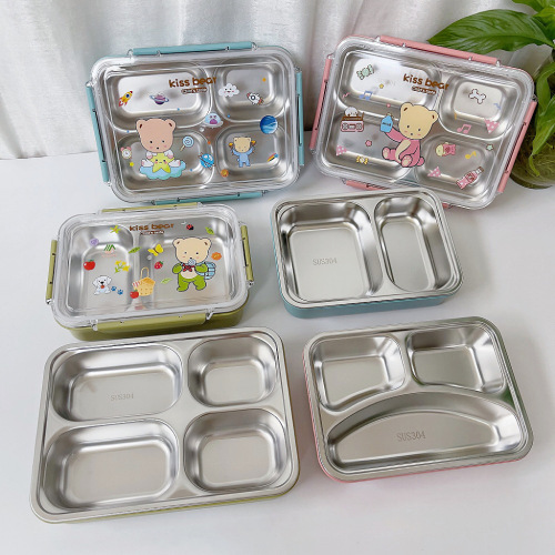 新款卡通304不锈钢饭盒三格四格快餐盒便携方形便当盒分格午餐盒