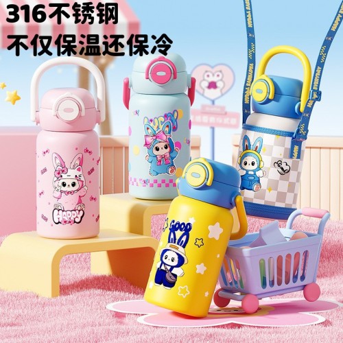 儿童卡通316不锈钢保温杯学生一盖双饮水杯吸管保温壶带杯套水杯