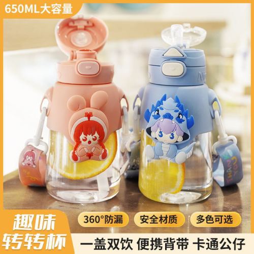 夏季新款双饮儿童水杯学生便捷大容量键弹开带吸管杯卡通女生杯子