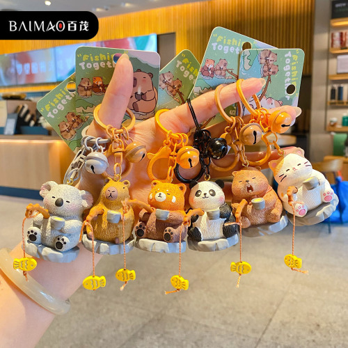 百茂原创古风萌宠垂钓钥匙扣链树脂钓鱼公仔趣味水豚公仔书包挂件