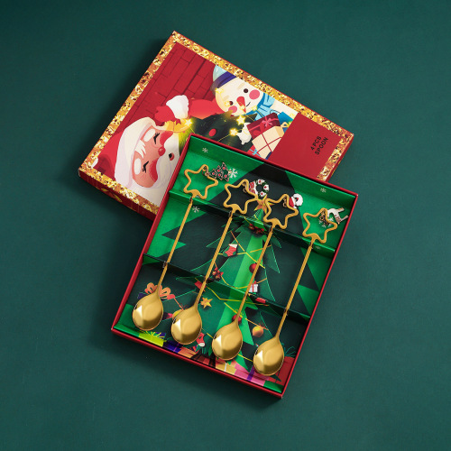 跨境不锈钢勺子圣诞节套装吊坠勺子咖啡搅拌勺圣诞礼盒创意礼品勺