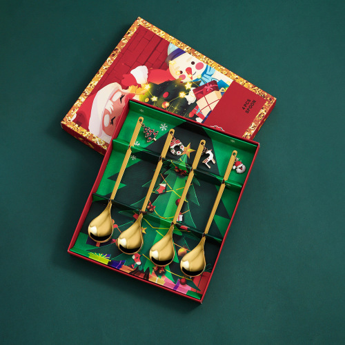 跨境圣诞节勺子套装不锈钢甜品勺咖啡搅拌勺圣诞吊坠礼盒蛋糕