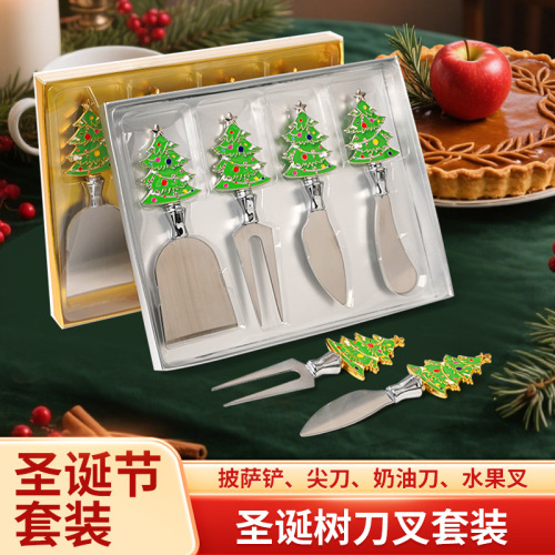 不锈钢刀叉跨境圣诞节勺子圣诞树勺叉套装披萨刀奶油刀圣诞礼品