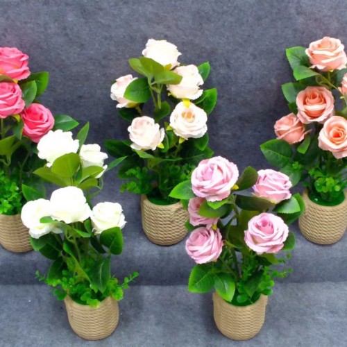 仿真玫瑰花盆景5头月季玫玫瑰茶玫假花绢花茶几客厅桌面装饰摆放