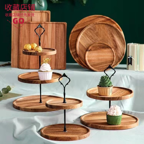 跨境专供双层复古相思木托盘木质托盘零食西式圆形多层木盘现货