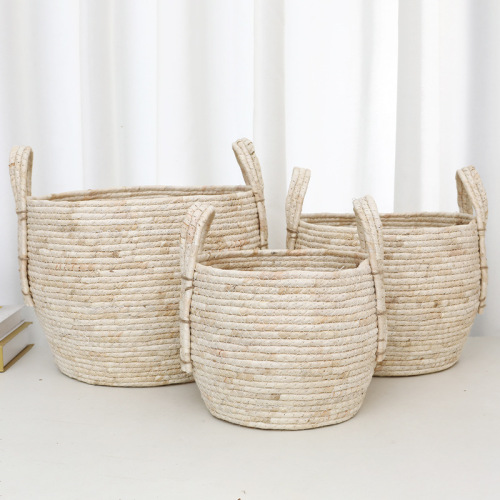 简约手提式草编整理筐玉米皮手工编织脏衣篓置物篮客厅杂物收纳筐