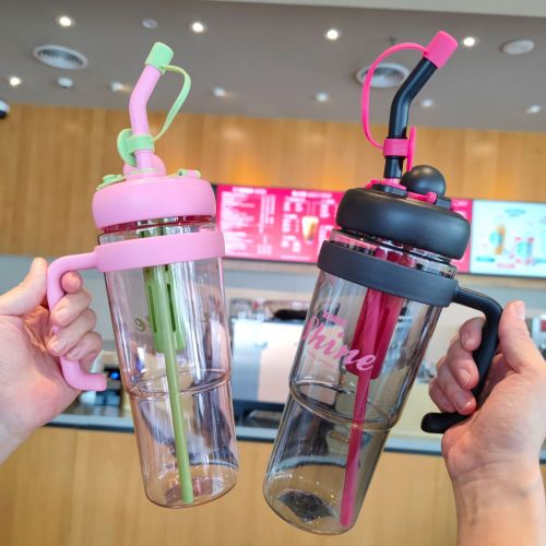 跨境汽车杯太空杯双饮吸管塑料把手车霸随行杯900ml水壶水瓶户外