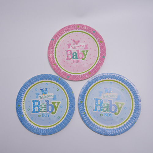 彩色印花蛋糕盘BABY SHOWER男孩女孩派对用纸盘蓝粉一次性