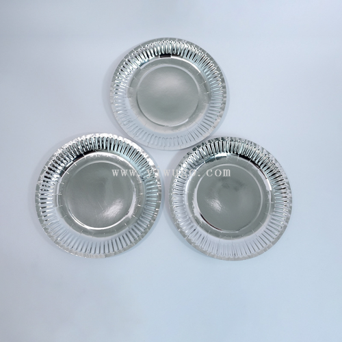 亚马逊现货 9 寸镭射银纸盘派对用纸盘金银盘一次性可降解纸盘