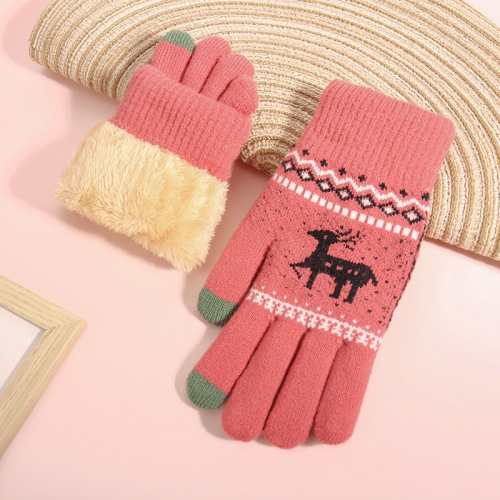 触屏手套女冬季韩版地摊加绒加厚防寒小鹿毛线保暖针织手套