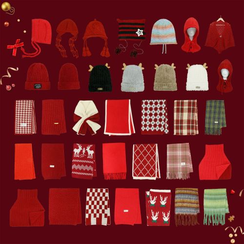 生日礼物红色围巾女冬季格子百搭情侣新年圣诞针织毛线高级感围脖