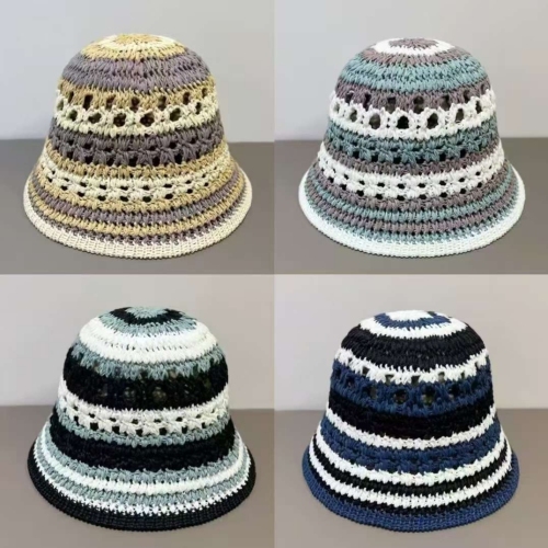 新款小众复古撞色条纹编织可折叠渔夫帽镂空遮阳防晒显脸小盆帽潮