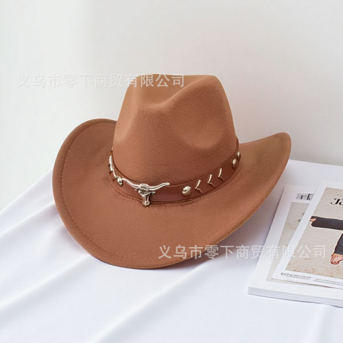 欧美秋冬男女毛呢牛仔爵士毡帽牛头标卷边礼帽藏式遮阳防晒帽子