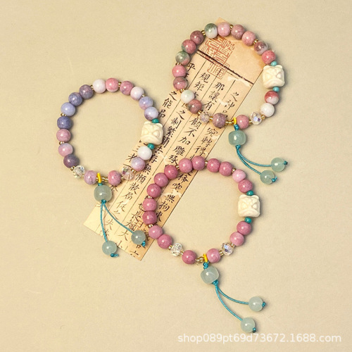新中式菩提醒狮琉璃手串女彩色冰裂古风流苏复古饰品景区地摊批发