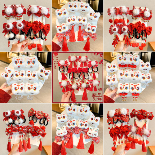 新年儿童毛绒醒狮发夹蛇年中国风对夹小女孩古风汉服发卡头饰批发
