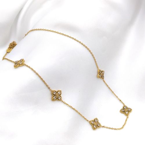 镶嵌锆石花草个性设计钢项链简约百搭四叶花金色项链厂家供应