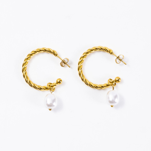 欧美饰品时尚小众百搭扭曲麻花淡水珍珠耳环不锈钢耳钉女厂家供应