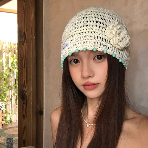 手工编织镂空花朵包头帽女夏季薄款套头帽时尚透气显脸小针织帽子