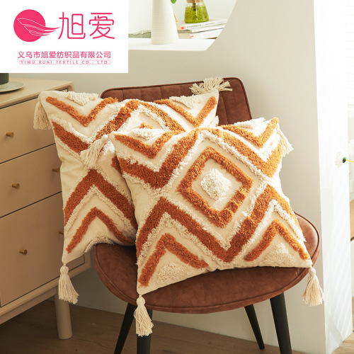 旭爱抱枕簇绒流苏软泥棕线条几何民族风抱枕套不含芯多尺寸抱枕套
