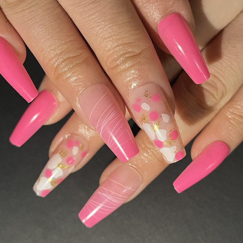 中长款芭蕾甲不规则波纹美甲欧美热销粉色闪粉假指甲穿戴甲批发