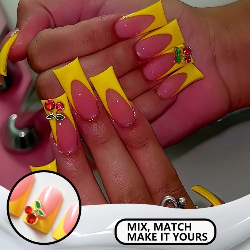 跨境热售鸭嘴型假指甲可爱爆闪樱桃闪钻穿戴甲可拆卸甲片成品批发