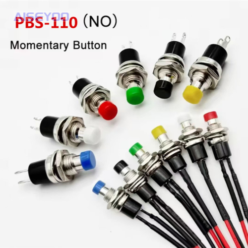 PBS-110小型圆形按钮 2脚自复位自锁点动电源开关铜脚7MM按钮开关