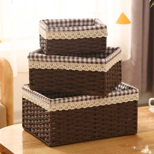 居家桌面收纳筐玩具零食化妆品收纳盒仿藤仿草编A4纸收纳篮子