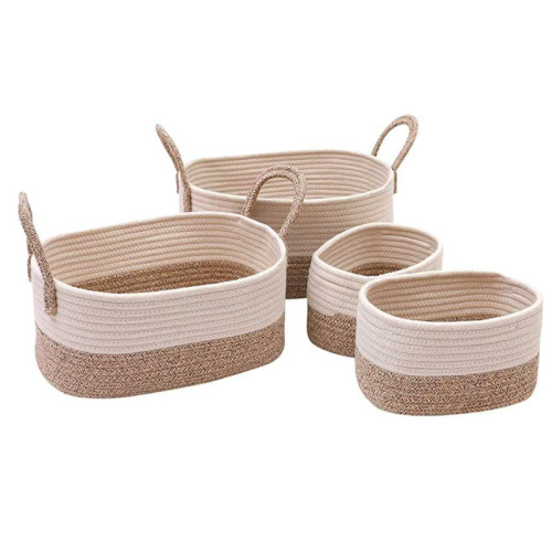 批发定制四件套棉绳收纳篮原白灰杂拼接凸出把手大小号可折叠整理