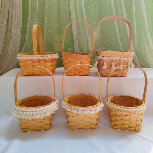 现货批发花童花篮 手工编织花篮时尚木片手提篮 鲜花干花插花篮